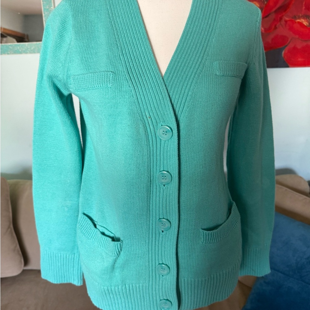 Pendleton Womens Small S SP Petite Sweater Turquoise Cotton Cardigan